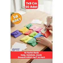 Canvela 50 Adet 7x9 cm 10 Farklı Renk Zarf Kalp Çiçek Kelebek Kilitli Mini Hediye Zarfı ve Kart Seti