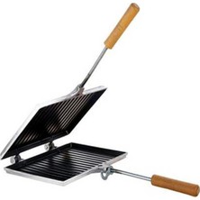 Dış Döküm Iç Teflon Çift Taraflı Ahşap Tahta Saplı Kancalı Ocak Üstü Çizgili Tost Tavası Kıskacı