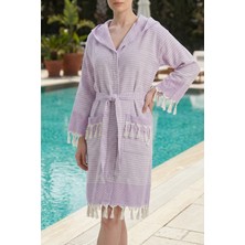 Kapşonlu Unisex Peştemal Plaj Bornozu %100 Pamuklu Seaside Stripe