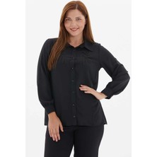 Selen Büyük Beden Üstü Taşlı Kolları Büzgülü Bluz  /  Siyah