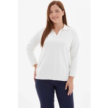 Selen Büyük Beden Şömizye Yaka Düşük Kol Triko Bluz  /  Ekru