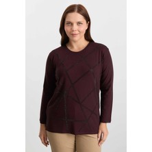 Selen Büyük Beden Şerit Taşlı Ince Ribanalı Triko Bluz  /  Bordo