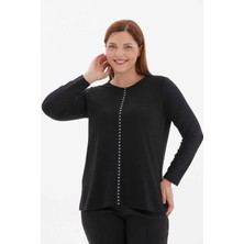 Selen Büyük Beden Trok Şeritli Kolu Desenli Triko Bluz  /  Siyah