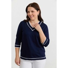 Selen Büyük Beden Yaka Etek Kol Ucu Ribanalı Penye Bluz  /  Lacivert