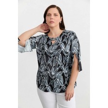 Selen Büyük Beden Yaka Damlalı Büyük Yaprak Desen Bluz  /  Siyah