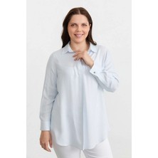 Selen Büyük Beden Önü Plili V Yaka Çizgili Bluz  /  Mavi
