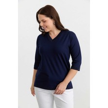 Selen Büyük Beden Desenli Ribanalı V Yaka Penye Bluz  /  Lacivert