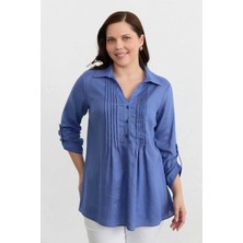 Selen Büyük Beden Önü Nervürlü Kolu Kıvırmalı Keten Bluz  /  Mavi