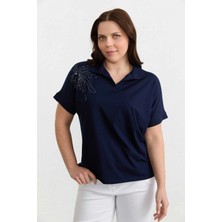 Selen Büyük Beden Düşük Kol Omuzu Payetli Penye Bluz  /  Lacivert