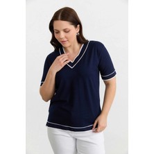 Selen Büyük Beden V Yaka Kısa Kol Ribanalı Penye Bluz  /  Lacivert