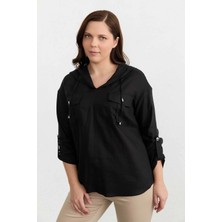 Selen Büyük Beden Dıştan Cep Kapüşonlu Keten Bluz  /  Siyah