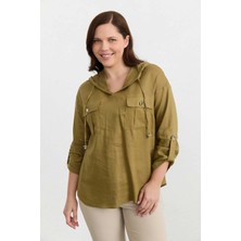 Selen Büyük Beden Dıştan Cep Kapüşonlu Keten Bluz  /  Yeşil