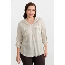 Selen Büyük Beden Dıştan Cep Kapüşonlu Keten Bluz  /  Taş