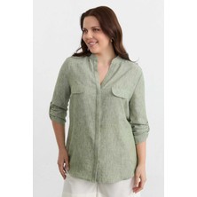 Selen Büyük Beden Hakim Yaka Kendinden Desenli Bluz  /  Yeşil