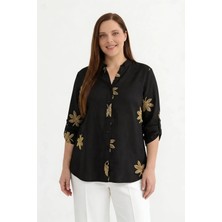 Selen Büyük Beden Simli Yaprak Desenli Bluz  /  Siyah