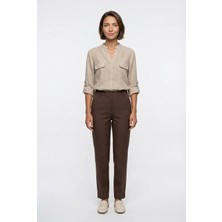 Selen Büyük Beden Hakim Yaka Kendinden Desenli Bluz  /  Bej