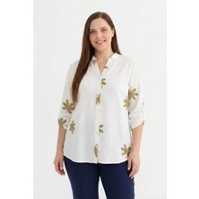 Selen Büyük Beden Simli Yaprak Desenli Bluz  /  Ekru