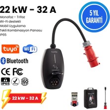 EVwallbox 22KW V3 Türkçe Mobil Uygulama 5 Yıl Garanti, (Tekli Kombinasyon Panosu, Taşıma Çantası ve 220V Dönüştürücü Adaptör)