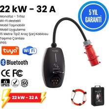 EVwallbox 22KW V3 Türkçe Mobil Uygulama 5 Yıl Garanti, (15 Metre Tip 2 Kablo, Taşıma Çantası ve 220V Dönüştürücü Adaptör)