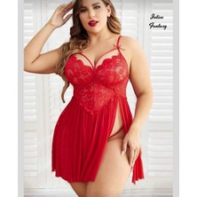 Intive Lingerie Intive Curvy Büyük Beden Yan Yırtmaçlı Göğsü Dantelli Eteği Transparan Gecelik