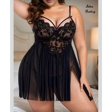 Intive Lingerie Intive Curvy Büyük Beden Yan Yırtmaçlı Göğsü Dantelli Eteği Transparan Gecelik