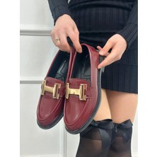 Erva'nın Butiği Bordo Rugan ( Ellie) Gold Toka Detay Ortopedik Taban Kadın Loafer
