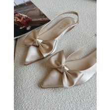 Erva'nın Butiği Bej Saten (Miva) Kurdele Detay Lastikli Kadın Babet