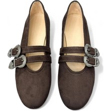 Erva'nın Butiği Kahve Süet (Henry) Çift Tokalı Kadın Babet