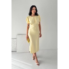 Neşeli Butik Kadın Sarı Midi Boy Büzgü Detaylı Balon Kol Dar Kesim Elbise NBK4574