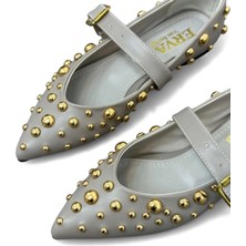 Erva'nın Butiği Gri Cilt (Grant) Zımba Detay Kadın Babet