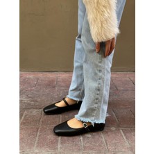 Erva'nın Butiği Siyah Cilt (Alia) Küt Burun Bant Detay Kadın Babet