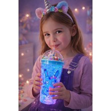 Pileli Store Tavşan Suluk Pipetli Buzlu Cam Görünümlü  LED Işıklı 450 ml Çift Katman Mika Su Şişesi  2087 Mavi