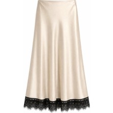 Mixray 4889 Kadın Dantel Detaylı Saten Midi Etek Taş