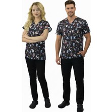 Nur Medikal Giyim Unisex Sevimli Dostlar Desenli Veteriner Doktor Hemşire Cerrahi Scrubs Üniforma Takım