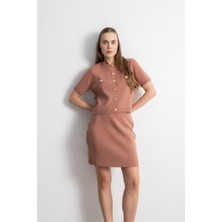 Shophia Gold Düğmeli Triko Etek Bluz Takım