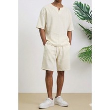 Tarz Cool Erkek Oversize Şort Takım V Yaka Yırtmaçlı Tişört Rahat Kesim Yazlık Takım