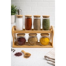 Nokka Bambu Standlı 7’li Cam Kavanoz Seti – Kapaklı Baharatlık, Saklama Seti – Mutfak Düzenleyici Organizer
