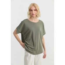 Selen Yakası Yanlardan Katlamalı Eteği Oval Düşük Kol Bluz  /  Haki