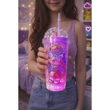 Pileli Store Unicorn Temalı LED Işıklı Suluk Buzlu Cam Görünümlü 450 ml Çift Katman Mika Su Şişesi 2646 Mor