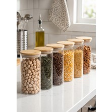 Nokka Vakumlu Bambu Kapaklı Borosilikat Cam Kavanoz Seti - 6\'lı 1000 ml Erzak Saklama Kabı (10X15 Cm)