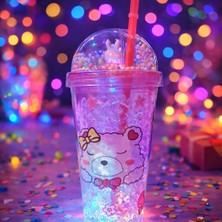 Pileli Store Bear Suluk Pipetli Buzlu Cam Görünümlü LED Işıklı 450 ml Çift Katman Mika 2093 Pembe