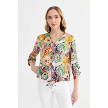 Selen Kendinden Kapüşonlu Önü Fermuarlı Emprime Bluz  /  Pudra