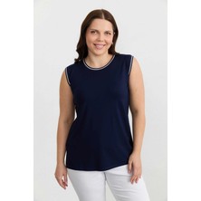 Selen Büyük Beden Yaka ve Kol Ucu Triko Biyeli Atlet  /  Lacivert