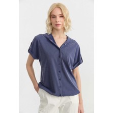 Selen Etek Ucu Bağlamalı Kapüşonlu Kısa Kol Bluz  /  Indigo