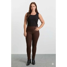 Selen Büyük Beden Dar Paça Cep Kenarı Taşlı Örme Pantolon  /  Kahve