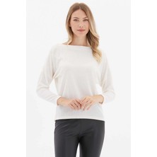 Selen Düşük Kol Omuzları Düğmeli Triko Bluz  /  Ekru