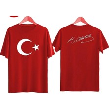 Venüs Dijital Ay Yıldız ve Atatürk Imza Ön Arka Baskılı Kırmızı Tişört