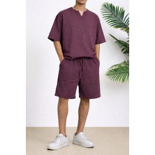 Tarz Cool Erkek Oversize Şort Takım V Yaka Yırtmaçlı Tişört Rahat Kesim Yazlık Takım