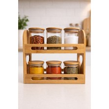 Nokka 6’lı Bambu Standlı Cam Baharatlık Seti, Kapaklı Kavanoz | Mutfak Düzenleyici Organizer