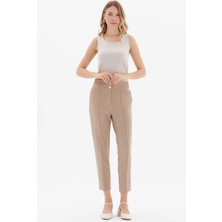 Selen Beli Geniş Lastikli Süs Cep Dar Paça Pantolon  /  Bej